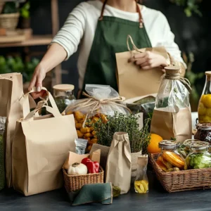 des produits provenant d'une épicerie sur une étale remplie avec une femme en arrière plan