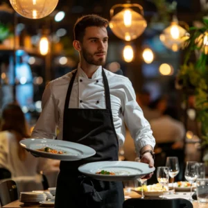 un serveur chic dans un restaurant d'hôtel tenant deux assiettes dans ses mains